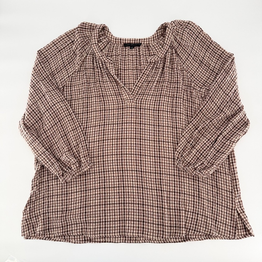 JANE AND DELANCEY Brown Gingham Check Split Neck Long Sleeve Blouse Top Size 1X